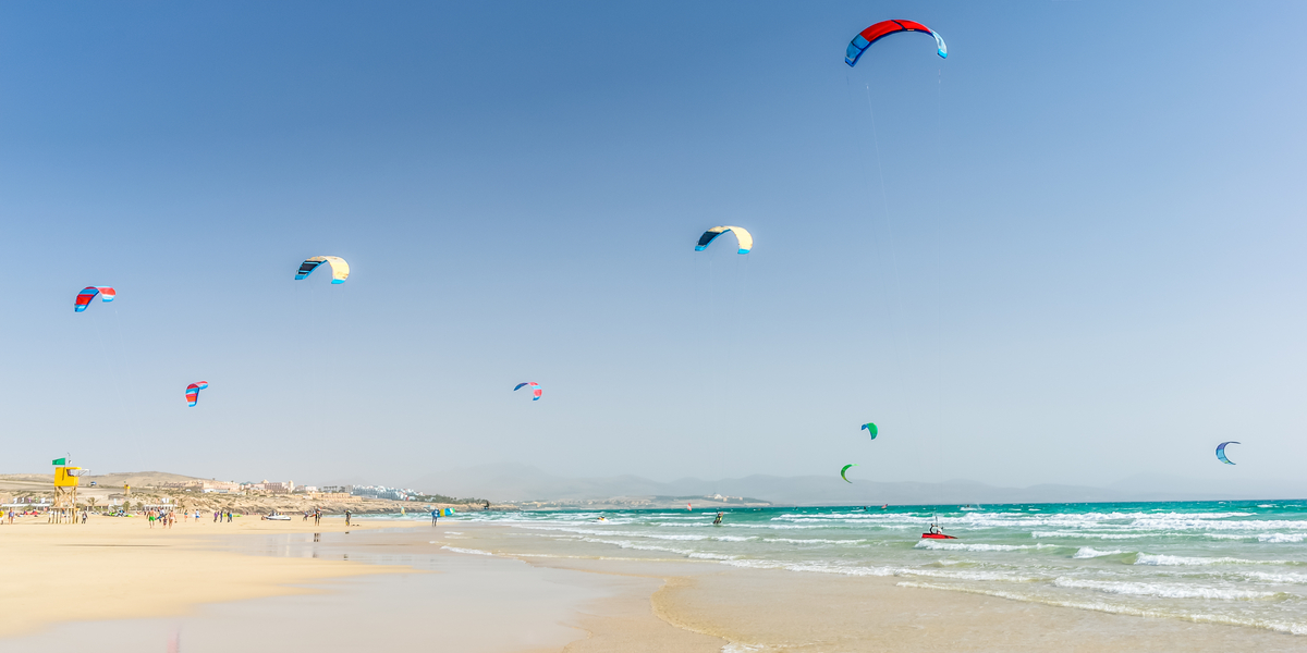 Kitesurfing at beach in Fuerteventura Canaries