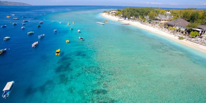 Boats near the coast of Gili Trawangan island in Indonesia
