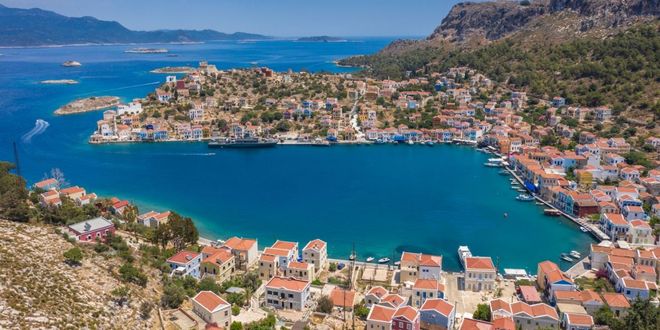 Houses in Kastellorizo island town, Dodecanese, Greece