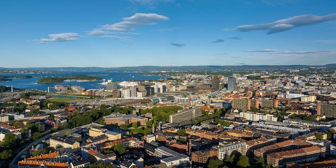 Oslo's city center  with fjord and islands in background, Norway