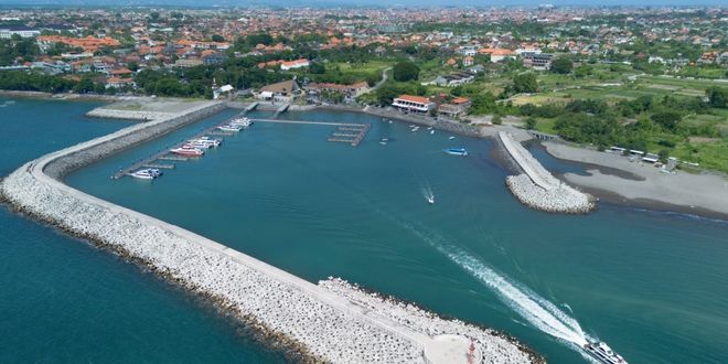 Boats and ferry at the harbor of Sanur in Bali, Indonesia