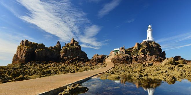 View of La Corbiere lighthouse in Jersey, Channel Islands, UK