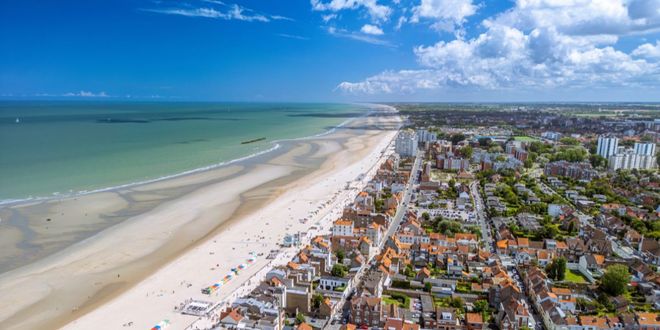 Panoramic view of Dunkirk beach and town, France