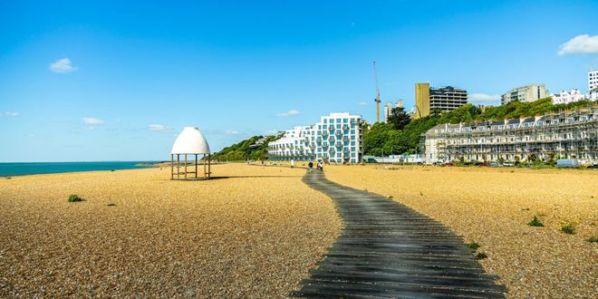 Panoramic view of beach in Folkestone, Kent, UK