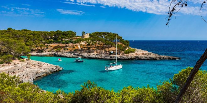 View of boats in a bay, Mallorca, Balearic Islands, Spain