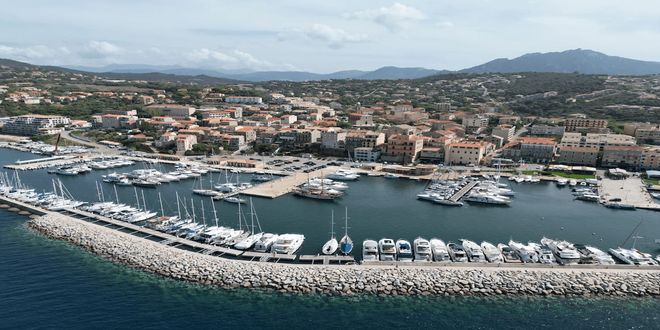Aerial view of the town and port of Propriano, in Corsica, France