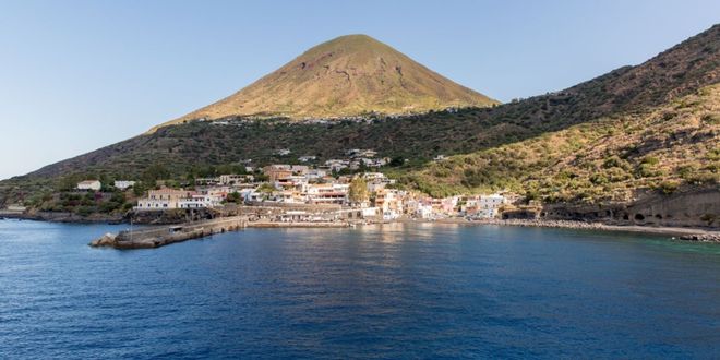 Traditional white houses on the volcanic island of Salina, Aeolian Islands, Sicily