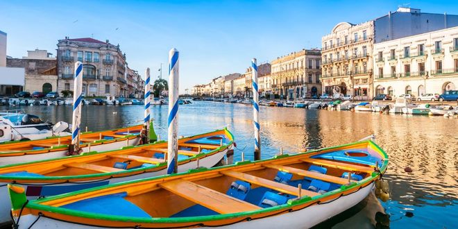 View of boats on the royal canal in Sète, Occitanie, France