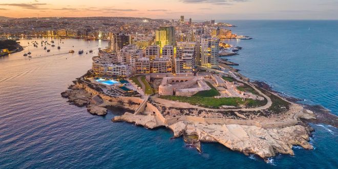 Aerial view of Sliema in Malta at dusk