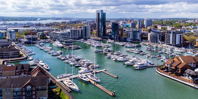 Panoramic view of port in Southampton, England, UK