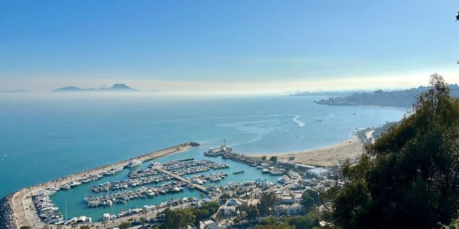 Panoramic view of the sea and the port of Sidi Bou Said in Tunis
