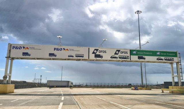 View of check-in lanes for each ferry company at the port of Dover, England, UK