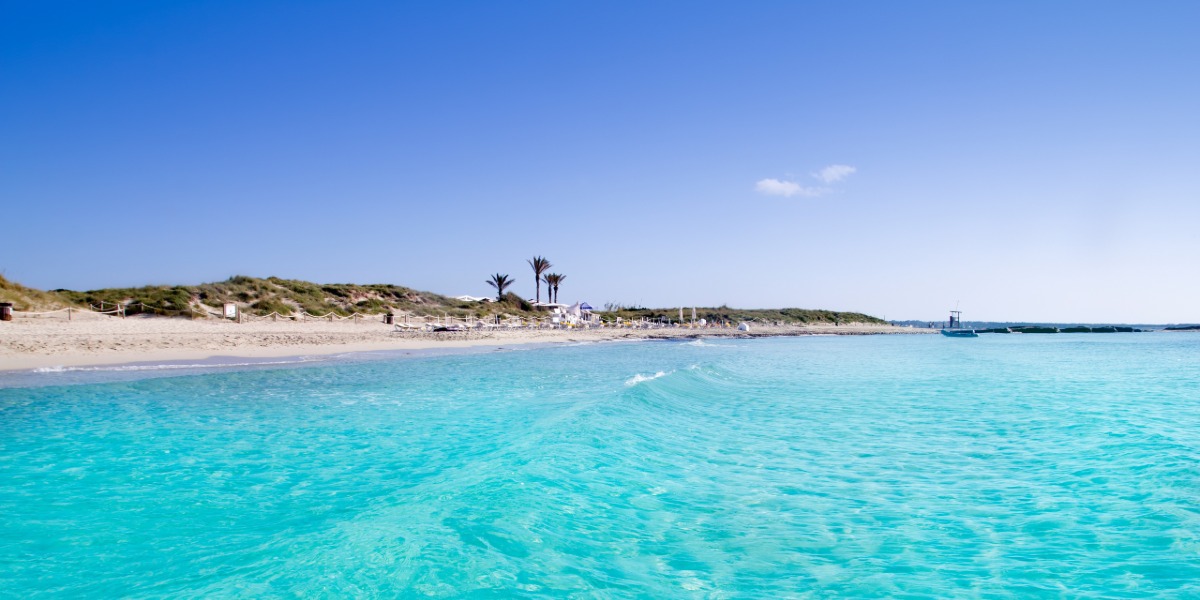 Beach in Formentera, blue sea, nature, eco-tourism, Balearic islands, ferry routes