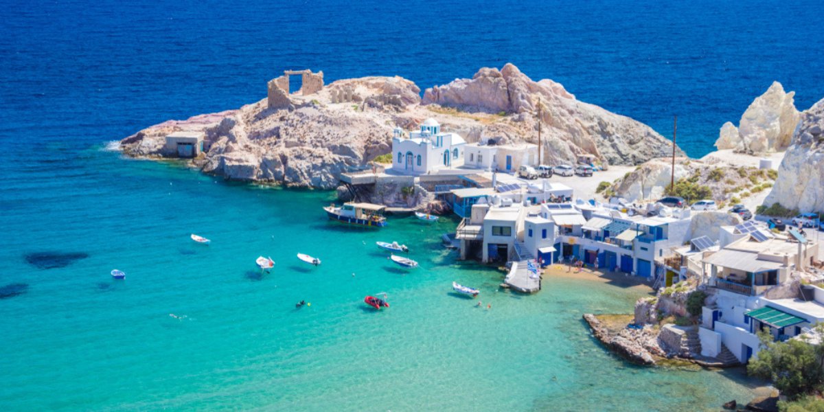 The coastal village and beach of Firopotamos in Milos