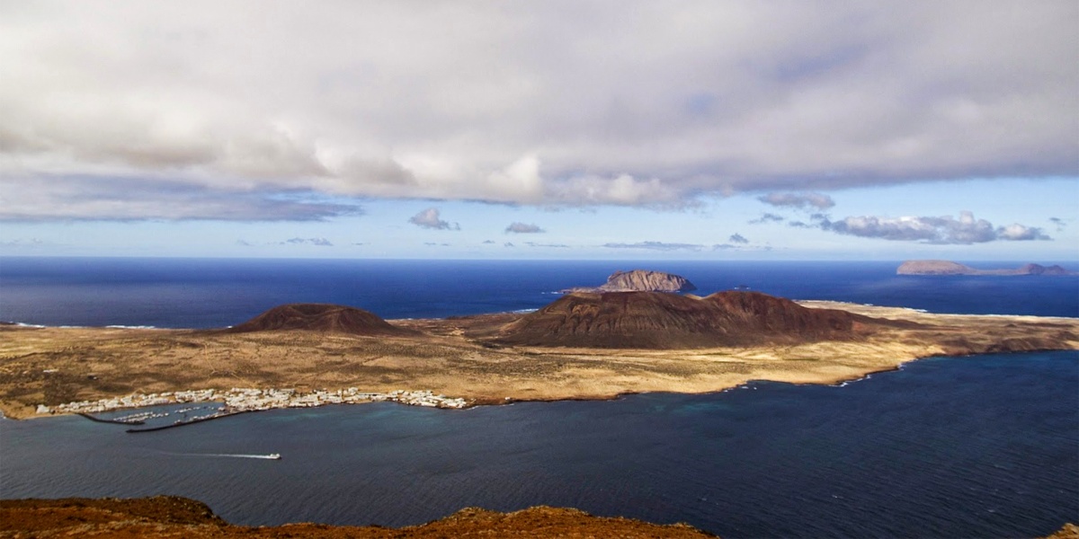 Aerial view of La Graciosa, Blue sky and sea, Lanzarote, Tenerife, Canary islands, ferry tickets