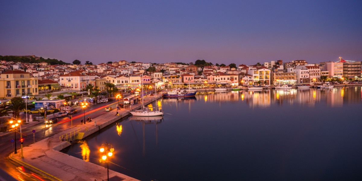 the port of Mytilene, ferries and boats, tourist shops, tourists