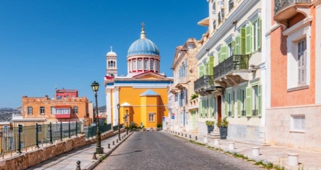 Colorful buildings in Ano Syros, Greece