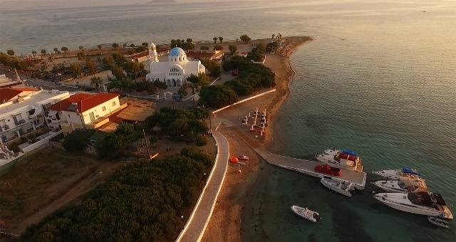 Aerial view of the port of Agistri at sunset