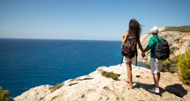 Campers hiking in Greece