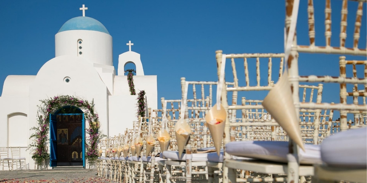 Outdoor wedding at a Cycladic chapel in Greece