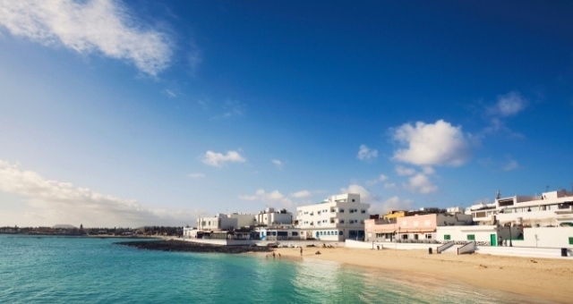 The town and beach of Corralejo, close to Popcorn Beach, in Fuerteventura, Spain