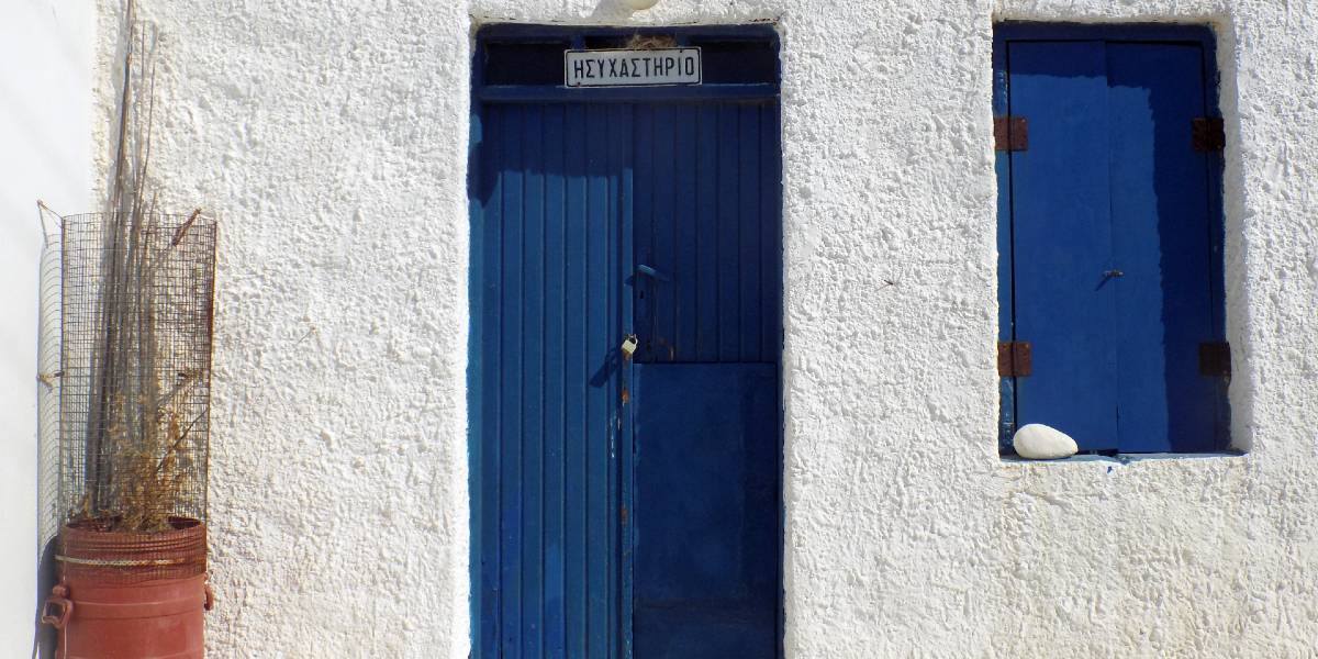 White and blue building with Cycladic architecture