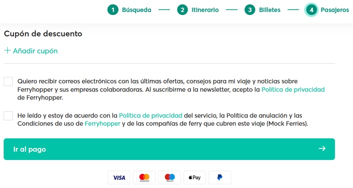 Campo de entrada de cupón de descuento en el sitio web de Ferryhopper