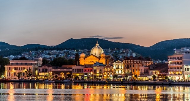 The port of Mytilene town at dusk