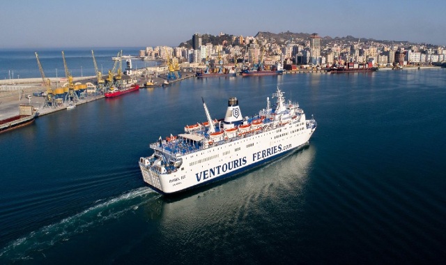 A Ventouris Ferries passenger ferry reaching a port in the Adriatic Sea