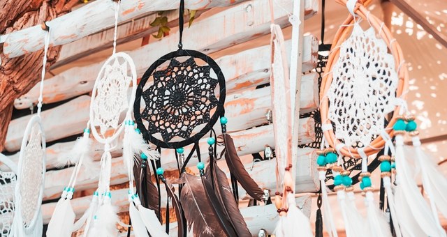 Dreamcatchers hanging at a market stall 