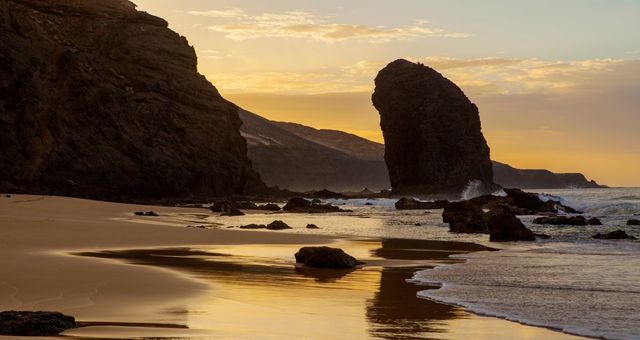 The monolith of Roque del Moro as seen from Cofete beach in Fuerteventura, Spain