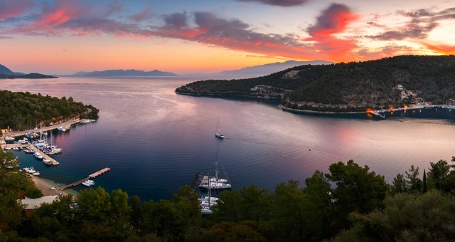 Aerial view of the sunset at the port of Meganisi, Greece