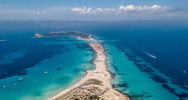 Aerial view of S’Espalmador island and Formentera in the background, Balearic Islands, Spain