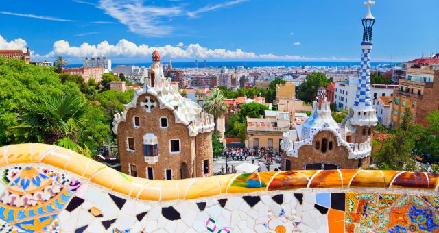 View of Barcelona from Parc Guell at fall, Spain