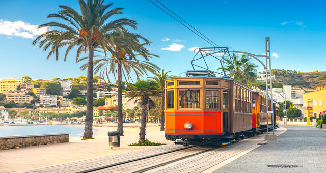 Old tram near the port of Mallorca, in Spain