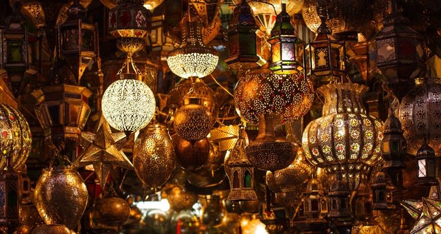 Beautifully decorated metal lanterns in Tangier, Morocco