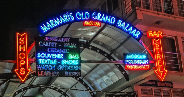 Neon sign at the Marmaris old grand bazaar