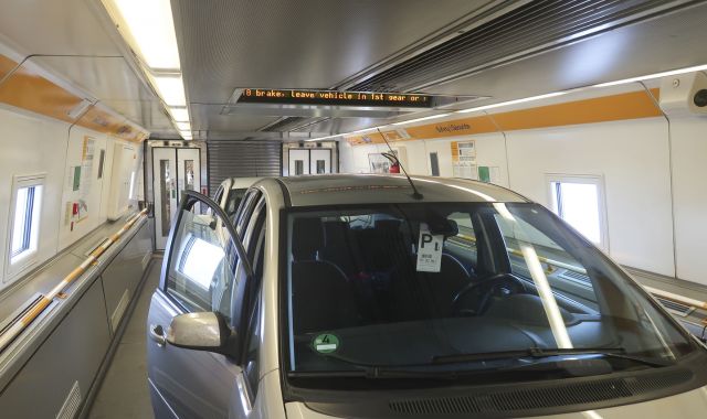 View of car parked in LeShuttle train
