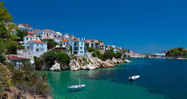 Houses by the sea in Skiathos, Greece