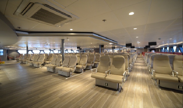 Airplane-type seats inside the Fast Ferries “Thunder” high-speed vessel