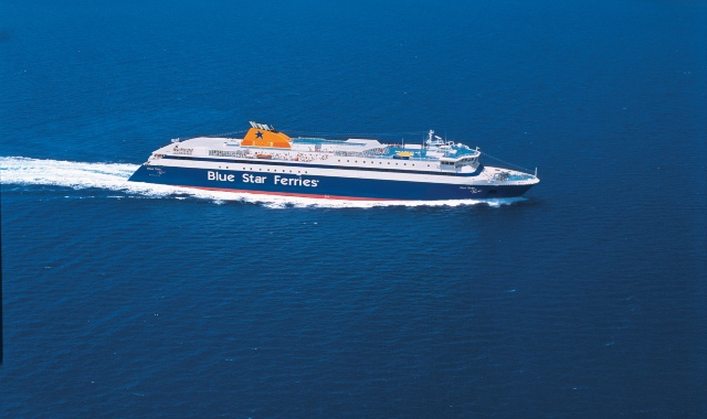 The “Blue Star Paros” ferry sailing in the sea