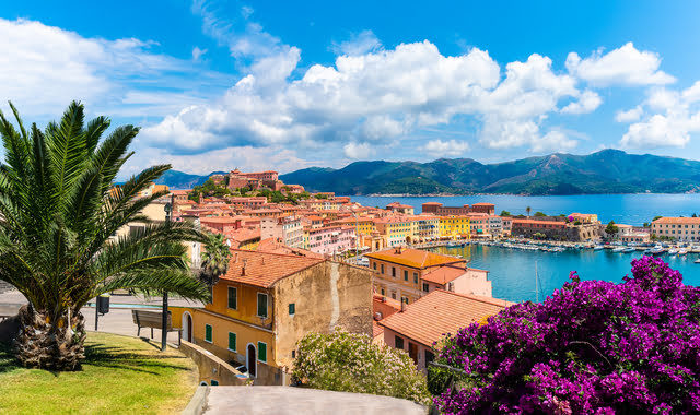 View of Portoferraio town and the coast of the island of Elba, Italy