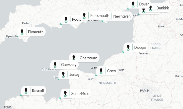 Map with the ports of northern France connected with the UK and Ireland