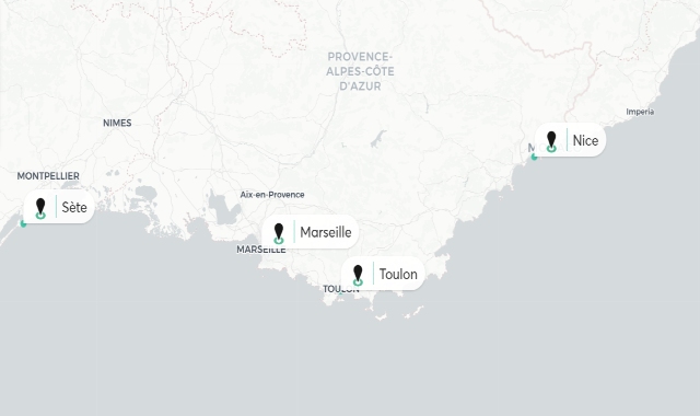 Map with the ports in southern France and the French Riviera: Sète, Marseille, Toulon, and Nice