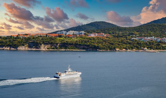 View of ferry approaching Dubrovnik, Croatia