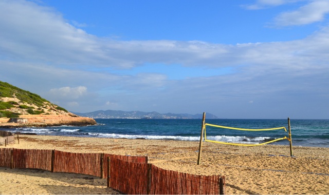 View of the gay beach of Es Cavallet in Ibiza, Spain