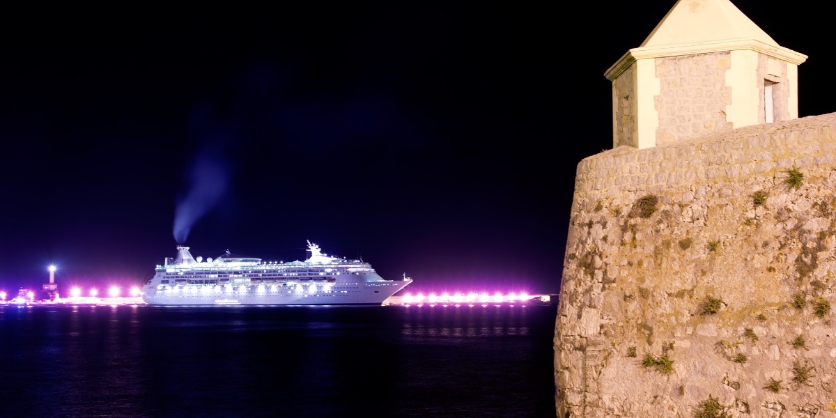 Cruise near the coast of Ibiza at night, Spain