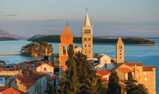 View of Rab’s historic center with its gray-domed church towers