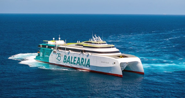 The fast Margarita Salas ferry of Balearia sailing in the sea