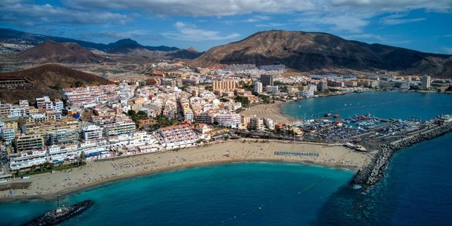 An aerial view of Los Cristianos port and town in Tenerife, Spain